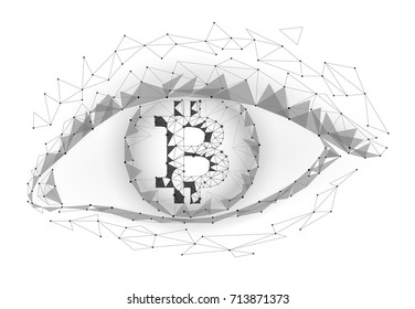 Crypto Currency Bitcoin In Eye. Net Banking Mining Future Technology Vector Greed Concept. Cryptography Finance Digital Worldwide Coin Low Poly Polygonal Triangle Icon Illustration