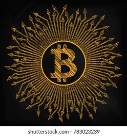 Crypto currency, bitcoin. In the figure the bitcoin icon, from it in different directions directed arrow. Drawing chalk on a blackboard. Sketch of a golden color on a black background