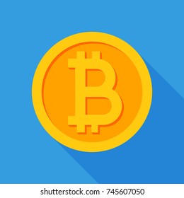 Crypto currency Bitcoin flat vector logo, icon for web, sticker for print. Bitcoin blockchain cryptocurrency.