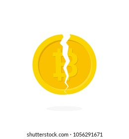 Crypto currency Bitcoin internet  virtual money. The crack in the coin, destruction, broken finance.