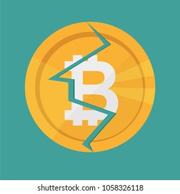 Crypto currency Bitcoin internet virtual money. Vector icon of the bitcoin digital cryptocurrency. The crack in the coin, destruction, broken finance