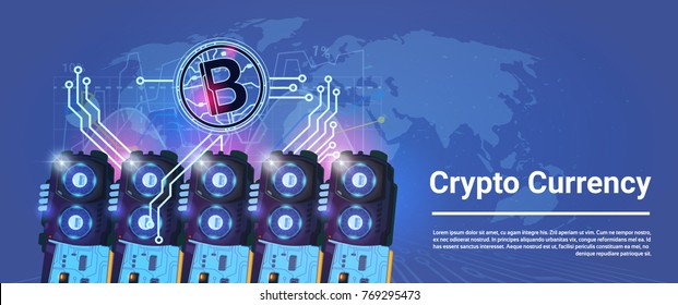 Crypto Currency Bitcoin Mining Farming Horizontal Banner World Map Background Digital Web Money Concept Vector Illustration
