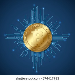 Crypto currency bitcoin. Net banking and bitcoins mining vector concept. Currency cryptography mining finance coin illustration