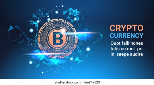 Crypto Currency Bitcoin On Blue Background Digital Web Money Modern Technology Banner With Copy Space Vector Illustration