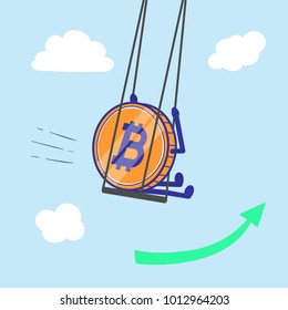 Crypto currency Bitcoin on swing raise and grow in the air vector illustration