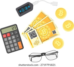 Concepto de tecnología de bitcoin de criptomoneda Concepto de tecnología de bitcoin de criptomoneda. La cartera de criptomonedas de hardware se conecta a la computadora portátil para comerciar, comprar, vender, minar bitcoins. Ilustración vectorial plana aislada