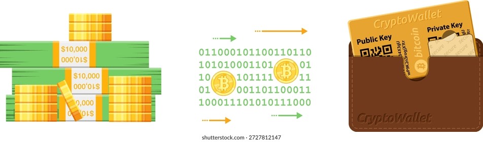 Concepto de Tecnología de criptomonedas Concepto de Tecnología de criptomonedas. Criptomoneda Bitcoin Exchange de billetera personal a efectivo. Ilustración vectorial aislada