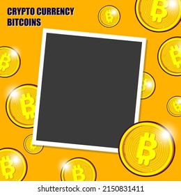 Crypto Currency Bitcoins concepto fondo amarillo marco de foto blanco para la plantilla de banner del sitio web eps10 ilustración