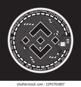 Crypto currency black coin with black binance symbol on obverse isolated on white background. Vector illustration. Use for logos, print products, page and web decor or other design.
