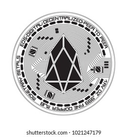 Crypto currency black coin with black eos symbol on obverse isolated on white background. Vector illustration. Use for logos, print products, page and web decor or other design.