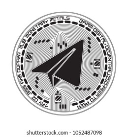 Crypto currency black coin with black gram symbol on obverse isolated on white background. Vector illustration. Use for logos, print products, page and web decor or other design.