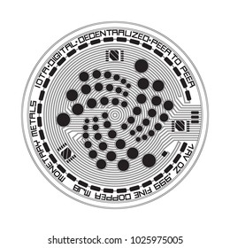Crypto currency black coin with black iota symbol on obverse isolated on white background. Vector illustration. Use for logos, print products, page and web decor or other design.