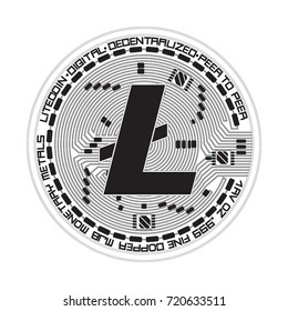 Crypto currency black coin with black lackered litecoin symbol on obverse isolated on white background. Vector illustration. Use for logos, print products, page and web decor or other design.