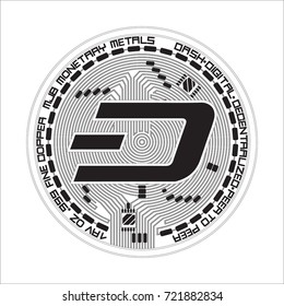 Crypto currency black coin with black lackered dash symbol on obverse isolated on white background. Vector illustration. Use for logos, print products, page and web decor or other design.