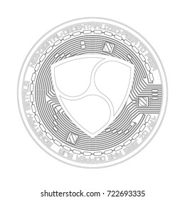 Crypto currency black coin with black lackered nem symbol on obverse isolated on white background. Vector illustration. Use for logos, print products, page and web decor or other design.