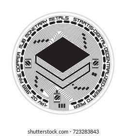 Crypto currency black coin with black lackered stratis symbol on obverse isolated on white background. Vector illustration. Use for logos, print products, page and web decor or other design.