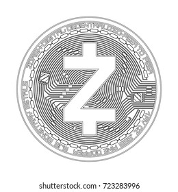 Crypto currency black coin with black lackered zcash symbol on obverse isolated on white background. Vector illustration. Use for logos, print products, page and web decor or other design.