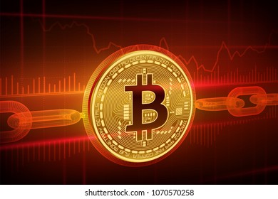 Crypto currency. Block chain. Bitcoin. Isometric Physical golden bitcoin with wireframe chain. Blockchain concept. Editable Cryptocurrency template. Stock vector illustration.