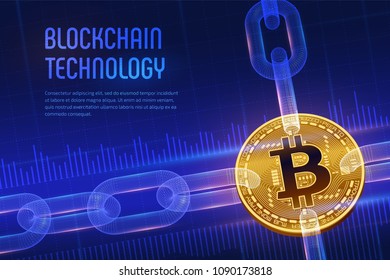 Crypto currency. Block chain. Bitcoin. 3D isometric Physical golden bitcoin with wireframe chain. Blockchain concept. Editable Cryptocurrency template. Stock vector illustration.