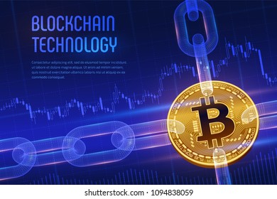 Crypto currency. Block chain. Bitcoin. 3D isometric Physical golden bitcoin with wireframe chain on blue financial background. Blockchain concept. Editable Cryptocurrency template. Vector illustration