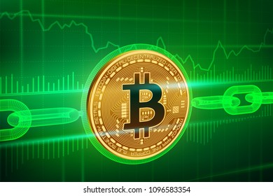 Crypto currency. Block chain. Bitcoin. 3D isometric Physical golden bitcoin with wireframe chain. Blockchain concept. Editable Cryptocurrency template. Stock vector illustration.