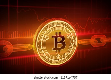 Crypto currency. Block chain. Bitcoin Cash. 3D isometric Physical golden bitcoin with wireframe chain. Blockchain concept. Editable Cryptocurrency template. Stock vector illustration.