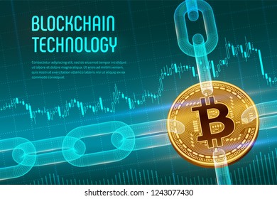 Crypto currency. Block chain. Bitcoin. 3D isometric Physical golden bitcoin with wireframe chain on blue financial background. Blockchain concept. Editable Cryptocurrency template. Vector illustration