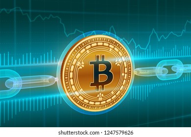 Crypto currency. Block chain. Bitcoin Cash. 3D isometric Physical golden bitcoin with wireframe chain. Blockchain concept. Editable Cryptocurrency template. Stock vector illustration.
