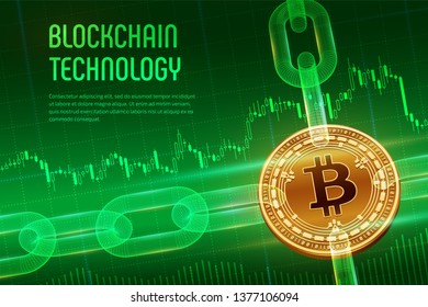 Crypto currency. Block chain. Bitcoin Cash. 3D isometric Physical golden Bitcoin Cash with wireframe chain on blue financial background. Blockchain concept. Editable template. Vector illustration.