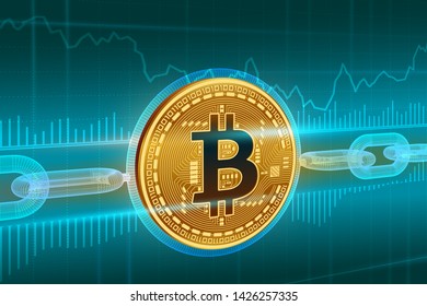 Crypto currency. Block chain. Bitcoin. 3D isometric Physical golden bitcoin with wireframe chain. Blockchain concept. Editable Cryptocurrency template. Stock vector illustration.