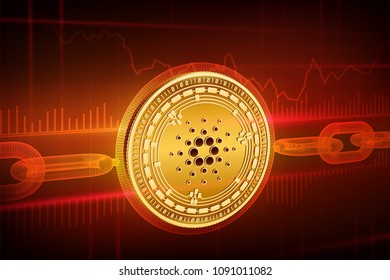 Crypto currency. Block chain. Cardano. 3D isometric Physical golden Cardano coin with wireframe chain. Blockchain concept. Editable Cryptocurrency template. Stock vector illustration.