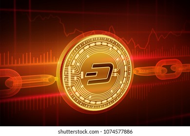 Crypto currency. Block chain. Dash. 3D isometric Physical golden Dash coin with wireframe chain. Blockchain concept. Editable Cryptocurrency template. Stock vector illustration.