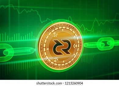Crypto currency. Block chain. Decred. 3D isometric Physical golden Decred coin with wireframe chain. Blockchain concept. Editable Cryptocurrency template. Stock vector illustration.