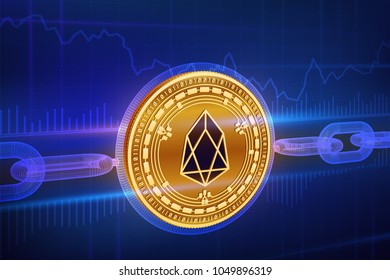 Crypto currency. Block chain. Eos. 3D isometric Physical golden Eos coin with wireframe chain. Blockchain concept. Editable Cryptocurrency template. Stock vector illustration.