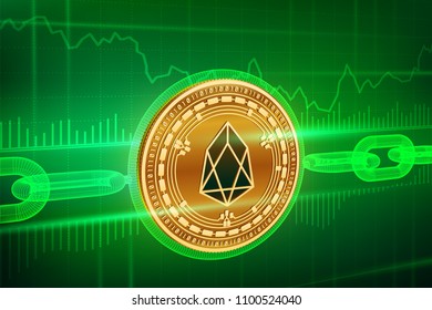 Crypto currency. Block chain. Eos. 3D isometric Physical golden Eos coin with wireframe chain. Blockchain concept. Editable Cryptocurrency template. Stock vector illustration.