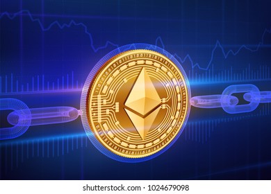 Crypto currency. Block chain. Ethereum. 3D isometric Physical golden Ethereum coin with wireframe chain. Blockchain concept. Editable Cryptocurrency template. Stock vector illustration