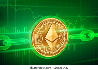 Crypto currency. Block chain. Ethereum. 3D isometric Physical golden Ethereum coin with wireframe chain. Blockchain concept. Editable Cryptocurrency template. Stock vector illustration.