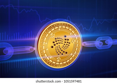 Crypto currency. Block chain. Iota. 3D isometric Physical golden Iota coin with wireframe chain. Blockchain concept. Editable Cryptocurrency template. Stock vector illustration.