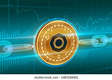 Crypto currency. Block chain. Komodo. 3D isometric Physical golden Komodo coin with wireframe chain. Blockchain concept. Editable Cryptocurrency template. Stock vector illustration.