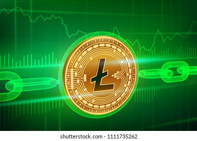 Crypto currency. Block chain. Litecoin. 3D isometric Physical golden Litecoin coin with wireframe chain. Blockchain concept. Editable Cryptocurrency template. Stock vector illustration.