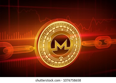 Crypto currency. Block chain. Monero. 3D isometric Physical golden Monero coin with wireframe chain. Blockchain concept. Editable Cryptocurrency template. Stock vector illustration.