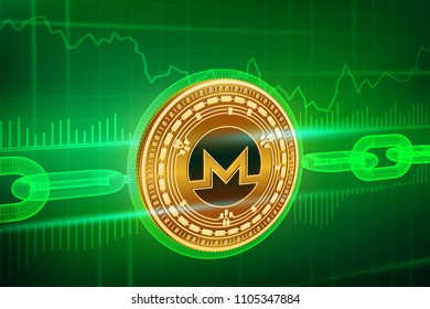 Crypto currency. Block chain. Monero. 3D isometric Physical golden Monero coin with wireframe chain. Blockchain concept. Editable Cryptocurrency template. Stock vector illustration.