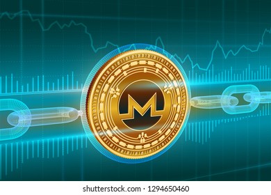 Crypto currency. Block chain. Monero. 3D isometric Physical golden Monero coin with wireframe chain. Blockchain concept. Editable Cryptocurrency template. Stock vector illustration.