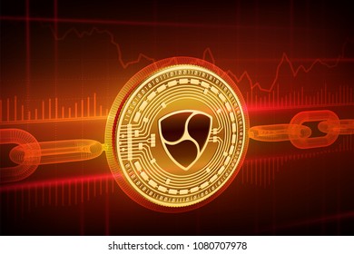 Crypto currency. Block chain. Nem. 3D isometric Physical golden Nem coin with wireframe chain. Blockchain concept. Editable Cryptocurrency template. Stock vector illustration.