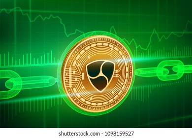 Crypto currency. Block chain. Nem. 3D isometric Physical golden Nem coin with wireframe chain. Blockchain concept. Editable Cryptocurrency template. Stock vector illustration.