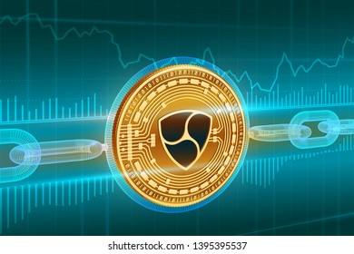 Crypto currency. Block chain. Nem. 3D isometric Physical golden Nem coin with wireframe chain. Blockchain concept. Editable Cryptocurrency template. Stock vector illustration.