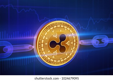 Crypto currency. Block chain. Ripple. 3D isometric Physical golden Ripple coin with wireframe chain. Blockchain concept. Editable Cryptocurrency template. Stock vector illustration
