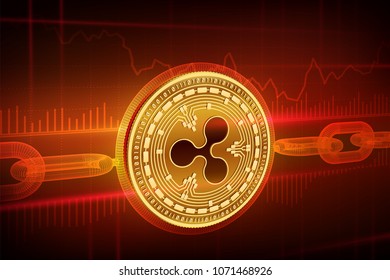 Crypto currency. Block chain. Ripple. 3D isometric Physical golden Ripple coin with wireframe chain. Blockchain concept. Editable Cryptocurrency template. Stock vector illustration.