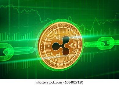 Crypto currency. Block chain. Ripple. 3D isometric Physical golden Ripple coin with wireframe chain. Blockchain concept. Editable Cryptocurrency template. Stock vector illustration.
