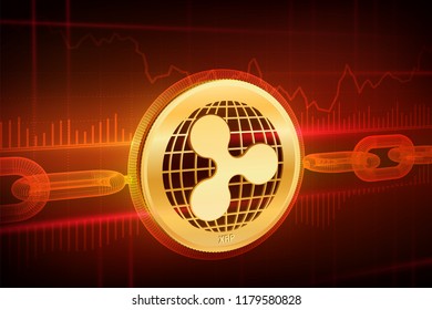 Crypto currency. Block chain. Ripple. 3D isometric Physical golden Ripple coin with wireframe chain. Blockchain concept. Editable Cryptocurrency template. Stock vector illustration.